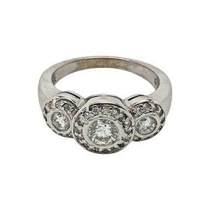 14k White Gold 3 Stone Halo W/Round Brilliant Cut Diamonds TCW 0.93 CT Size 6.5